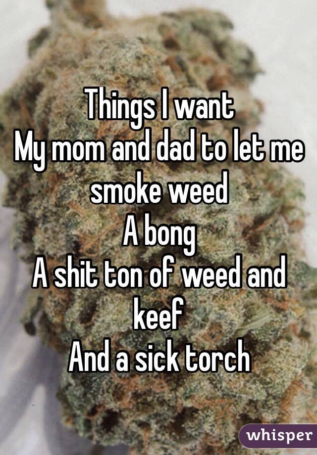 Things I want
My mom and dad to let me smoke weed 
A bong 
A shit ton of weed and keef
And a sick torch
