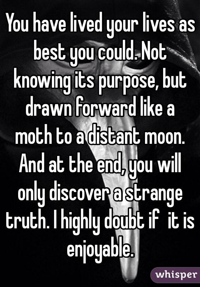 You have lived your lives as best you could. Not knowing its purpose, but drawn forward like a moth to a distant moon. And at the end, you will only discover a strange truth. I highly doubt if  it is enjoyable.