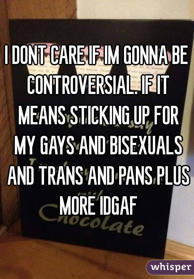 I DONT CARE IF IM GONNA BE CONTROVERSIAL. IF IT MEANS STICKING UP FOR MY GAYS AND BISEXUALS AND TRANS AND PANS PLUS MORE IDGAF