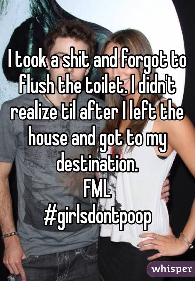 I took a shit and forgot to flush the toilet. I didn't realize til after I left the house and got to my destination.
FML
#girlsdontpoop