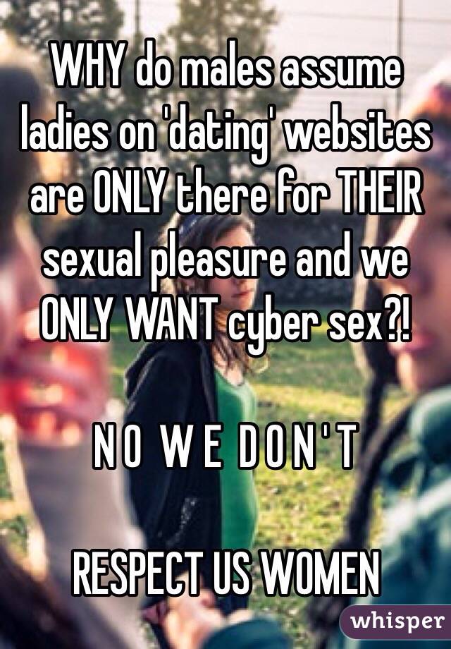 WHY do males assume ladies on 'dating' websites are ONLY there for THEIR sexual pleasure and we ONLY WANT cyber sex?! 

N O  W E  D O N ' T 

RESPECT US WOMEN 