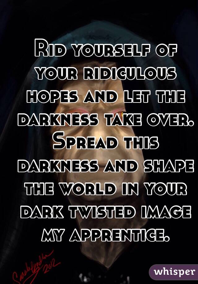 Rid yourself of your ridiculous hopes and let the darkness take over. Spread this darkness and shape the world in your dark twisted image my apprentice. 