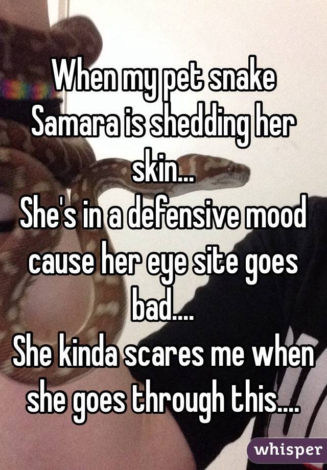 When my pet snake Samara is shedding her skin...
She's in a defensive mood cause her eye site goes bad....
She kinda scares me when she goes through this....