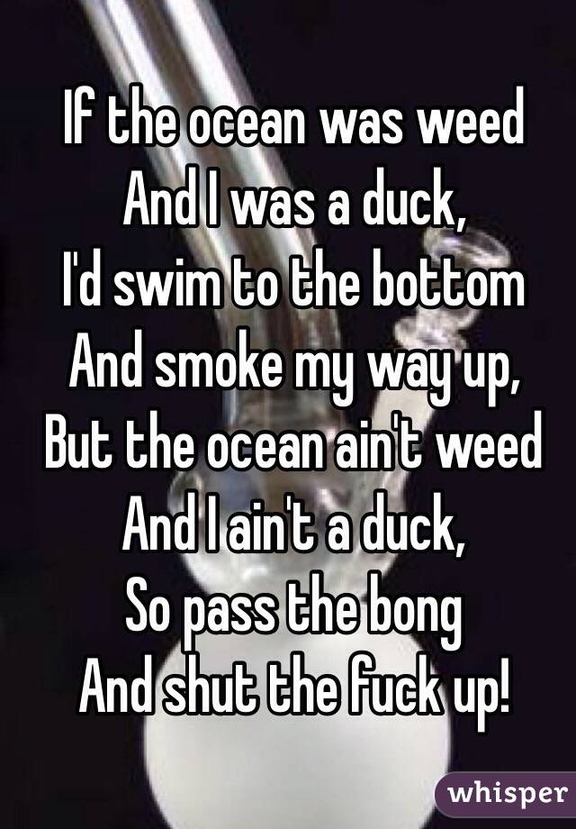 If the ocean was weed
And I was a duck,
I'd swim to the bottom 
And smoke my way up,
But the ocean ain't weed
And I ain't a duck,
So pass the bong
And shut the fuck up!