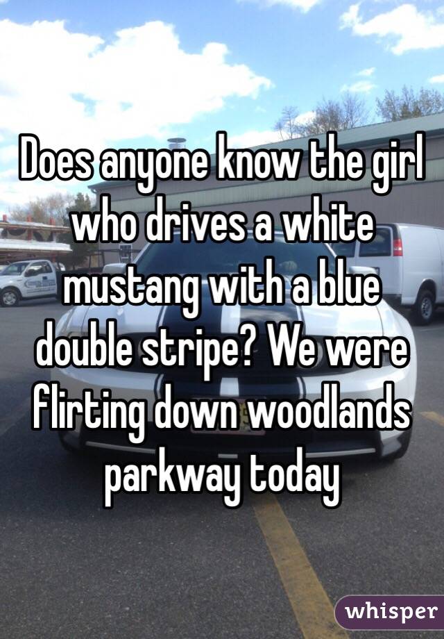 Does anyone know the girl who drives a white mustang with a blue double stripe? We were flirting down woodlands parkway today