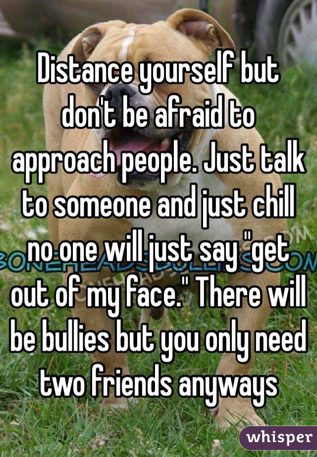 Distance yourself but don't be afraid to approach people. Just talk to someone and just chill no one will just say "get out of my face." There will be bullies but you only need two friends anyways