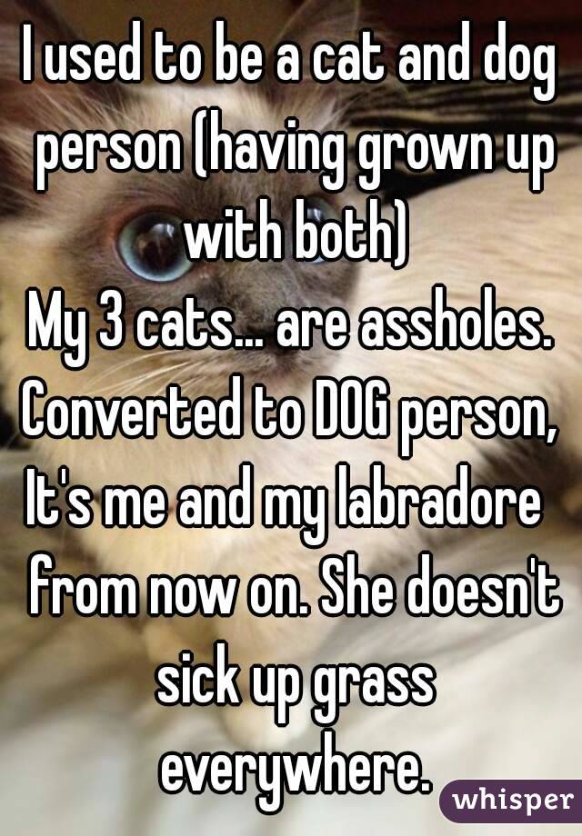 I used to be a cat and dog person (having grown up with both)
My 3 cats... are assholes.
Converted to DOG person,
It's me and my labradore  from now on. She doesn't sick up grass everywhere.
