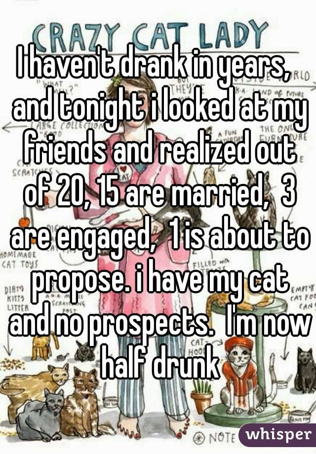 I haven't drank in years,  and tonight i looked at my friends and realized out of 20, 15 are married,  3 are engaged,  1 is about to propose. i have my cat and no prospects.  I'm now half drunk