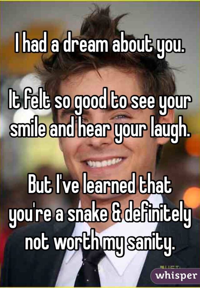 I had a dream about you. 

It felt so good to see your smile and hear your laugh.  

But I've learned that you're a snake & definitely not worth my sanity. 