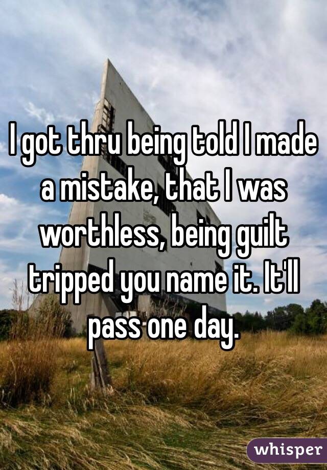 I got thru being told I made a mistake, that I was worthless, being guilt tripped you name it. It'll pass one day.