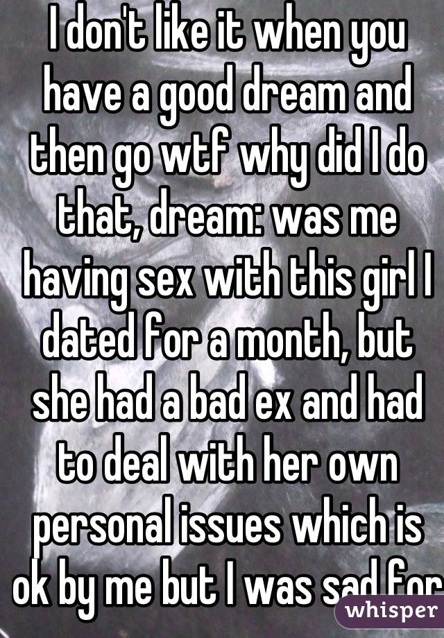 I don't like it when you have a good dream and then go wtf why did I do that, dream: was me having sex with this girl I dated for a month, but she had a bad ex and had to deal with her own personal issues which is ok by me but I was sad for awhile