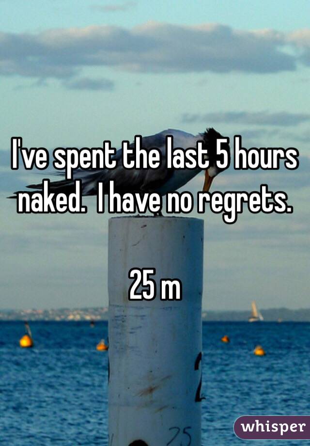 I've spent the last 5 hours naked.  I have no regrets. 

25 m 