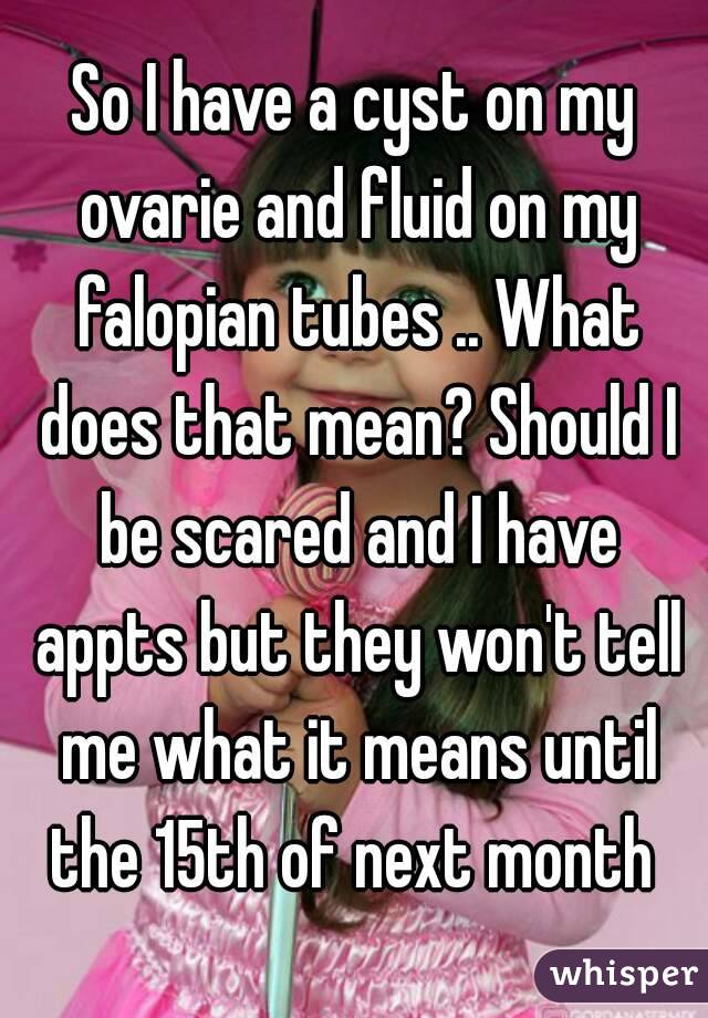 So I have a cyst on my ovarie and fluid on my falopian tubes .. What does that mean? Should I be scared and I have appts but they won't tell me what it means until the 15th of next month 
