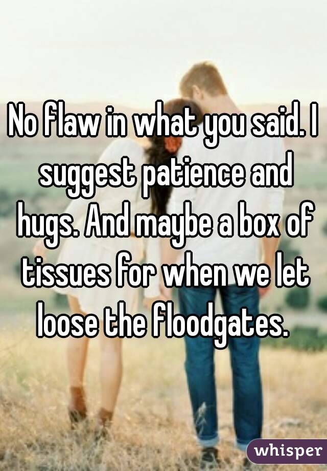 No flaw in what you said. I suggest patience and hugs. And maybe a box of tissues for when we let loose the floodgates. 