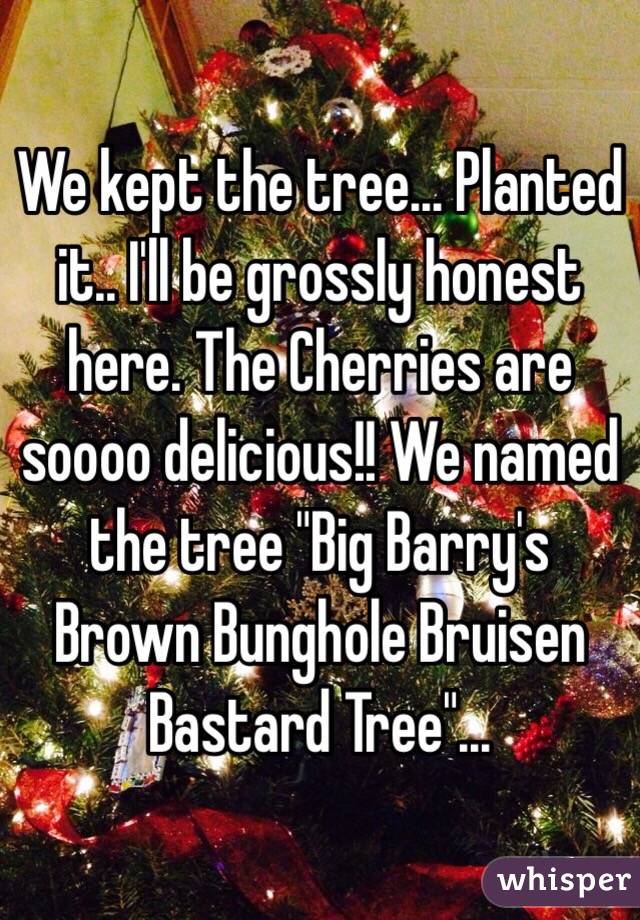 We kept the tree... Planted it.. I'll be grossly honest here. The Cherries are soooo delicious!! We named the tree "Big Barry's Brown Bunghole Bruisen Bastard Tree"...   