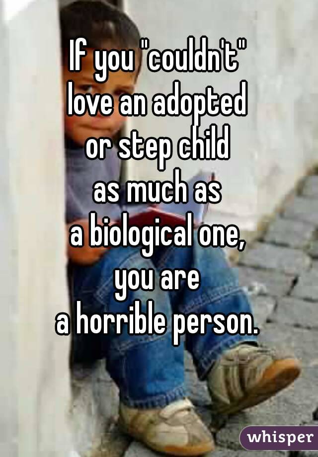 If you "couldn't"
love an adopted
or step child
as much as
a biological one,
you are
a horrible person.