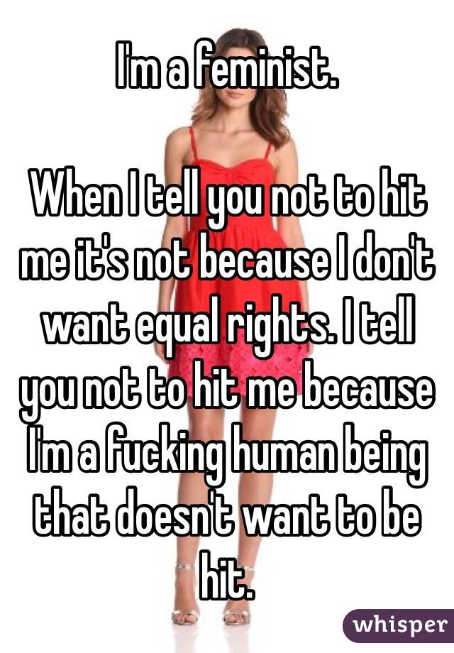 I'm a feminist.

When I tell you not to hit me it's not because I don't want equal rights. I tell you not to hit me because I'm a fucking human being that doesn't want to be hit.