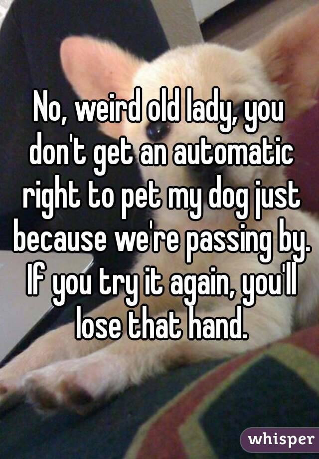 No, weird old lady, you don't get an automatic right to pet my dog just because we're passing by. If you try it again, you'll lose that hand.