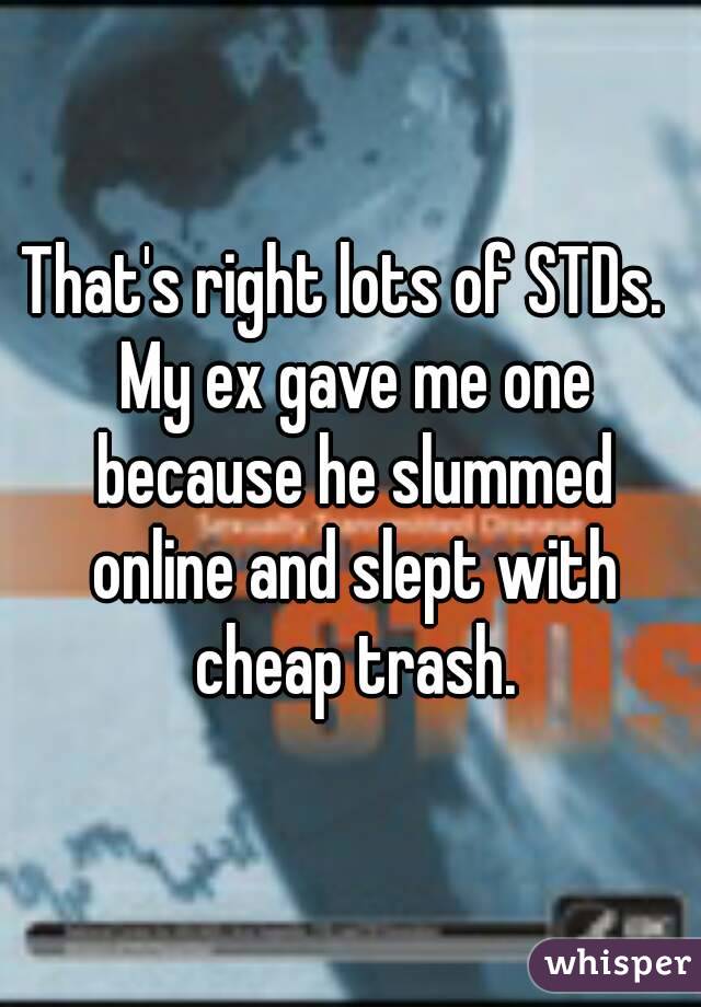 That's right lots of STDs.  My ex gave me one because he slummed online and slept with cheap trash.