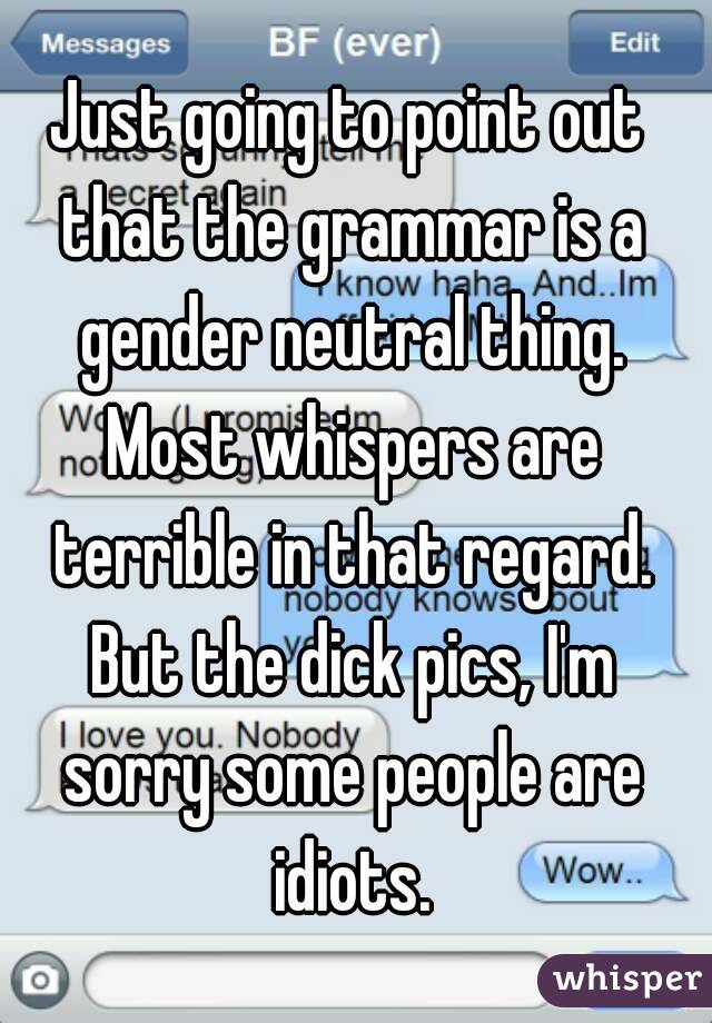 Just going to point out that the grammar is a gender neutral thing. Most whispers are terrible in that regard. But the dick pics, I'm sorry some people are idiots.