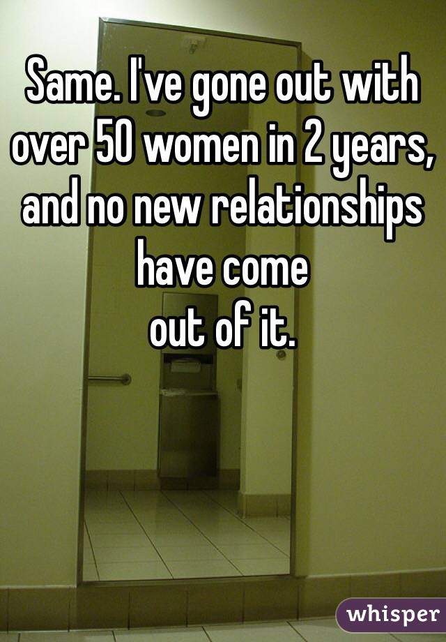 Same. I've gone out with over 50 women in 2 years, and no new relationships have come
out of it.