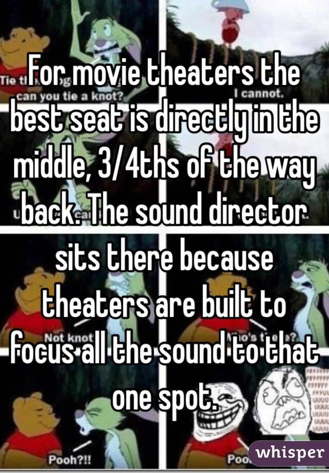 For movie theaters the best seat is directly in the middle, 3/4ths of the way back. The sound director sits there because theaters are built to focus all the sound to that one spot. 