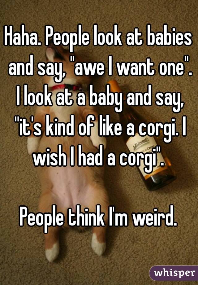 Haha. People look at babies and say, "awe I want one". I look at a baby and say, "it's kind of like a corgi. I wish I had a corgi". 

People think I'm weird.