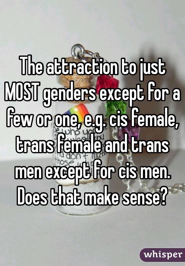 The attraction to just MOST genders except for a few or one, e.g. cis female, trans female and trans men except for cis men. Does that make sense?