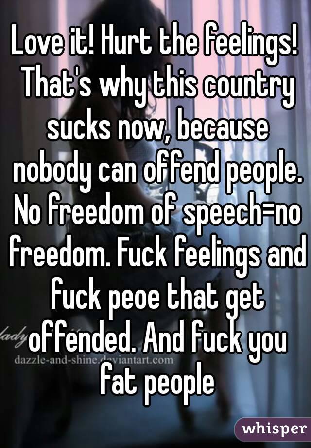 Love it! Hurt the feelings! That's why this country sucks now, because nobody can offend people. No freedom of speech=no freedom. Fuck feelings and fuck peoe that get offended. And fuck you fat people