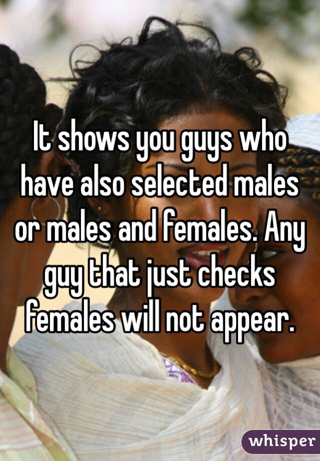 It shows you guys who have also selected males or males and females. Any guy that just checks females will not appear. 