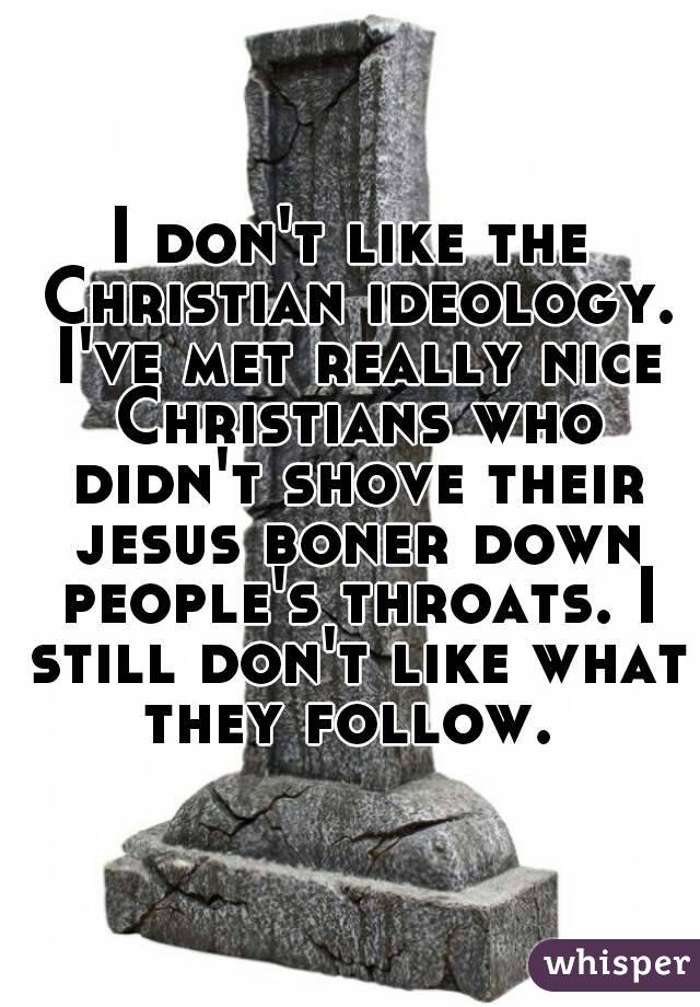 I don't like the Christian ideology. I've met really nice Christians who didn't shove their jesus boner down people's throats. I still don't like what they follow. 