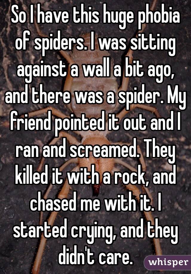 So I have this huge phobia of spiders. I was sitting against a wall a bit ago, and there was a spider. My friend pointed it out and I ran and screamed. They killed it with a rock, and chased me with it. I started crying, and they didn't care.