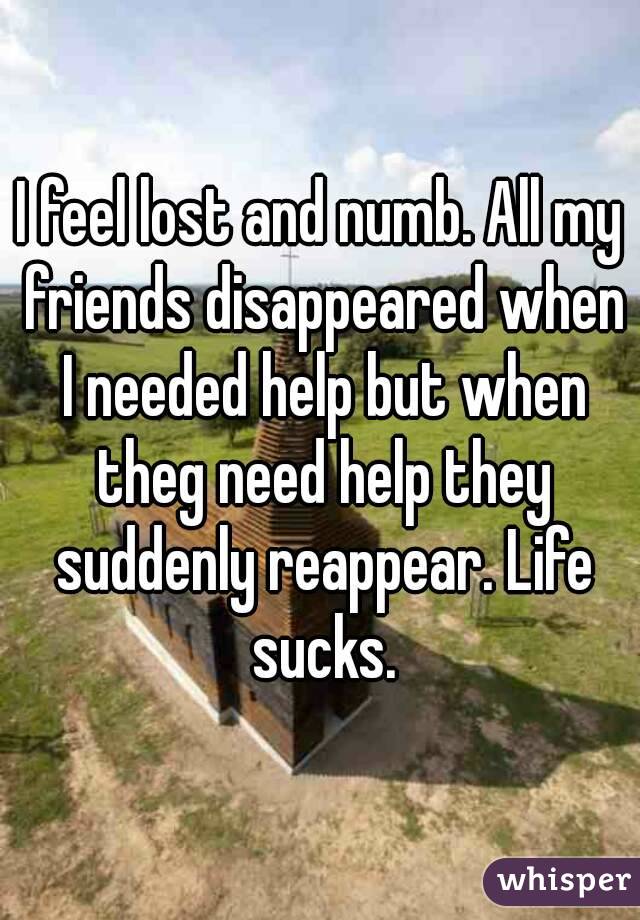 I feel lost and numb. All my friends disappeared when I needed help but when theg need help they suddenly reappear. Life sucks.