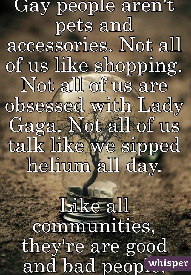 Gay people aren't pets and accessories. Not all of us like shopping. Not all of us are obsessed with Lady Gaga. Not all of us talk like we sipped helium all day.

Like all communities, they're are good and bad people.