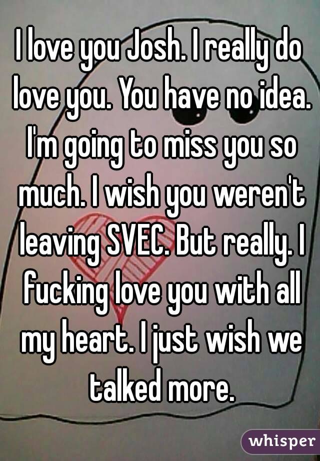I love you Josh. I really do love you. You have no idea. I'm going to miss you so much. I wish you weren't leaving SVEC. But really. I fucking love you with all my heart. I just wish we talked more.