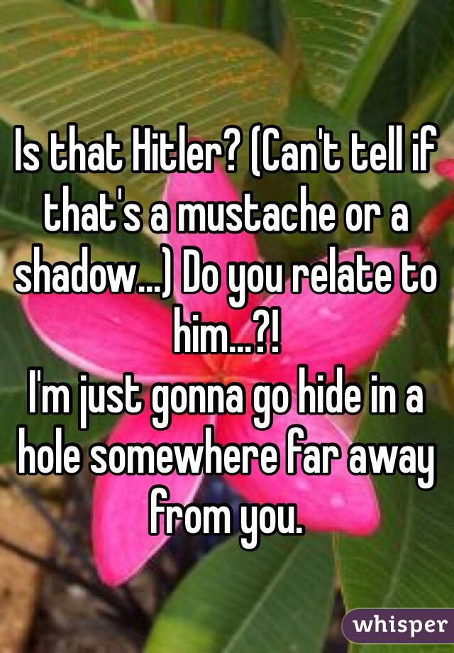 Is that Hitler? (Can't tell if that's a mustache or a shadow...) Do you relate to him...?! 
I'm just gonna go hide in a hole somewhere far away from you. 