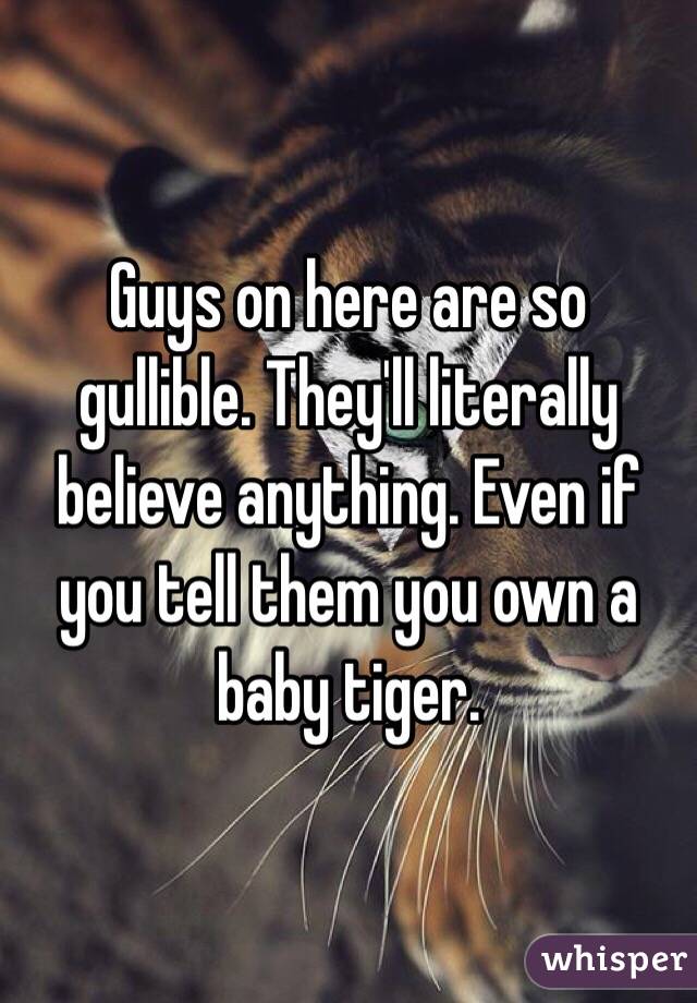 Guys on here are so gullible. They'll literally believe anything. Even if you tell them you own a baby tiger. 