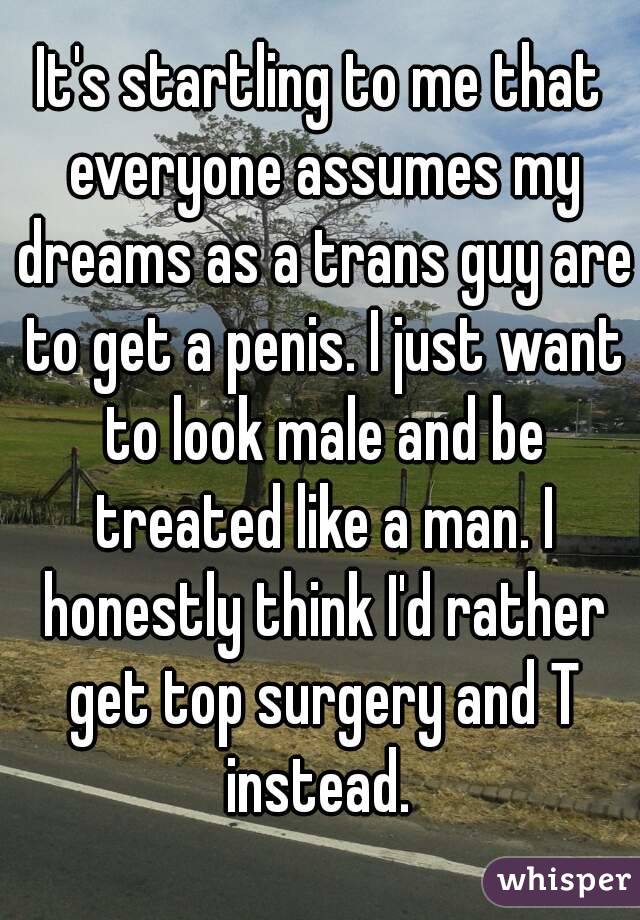 It's startling to me that everyone assumes my dreams as a trans guy are to get a penis. I just want to look male and be treated like a man. I honestly think I'd rather get top surgery and T instead. 