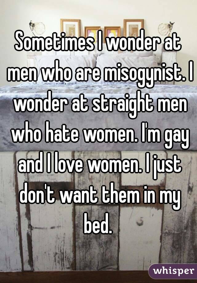 Sometimes I wonder at men who are misogynist. I wonder at straight men who hate women. I'm gay and I love women. I just don't want them in my bed. 