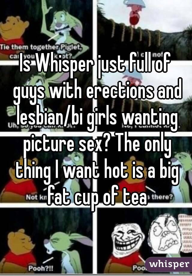 Is Whisper just full of guys with erections and lesbian/bi girls wanting picture sex? The only thing I want hot is a big fat cup of tea