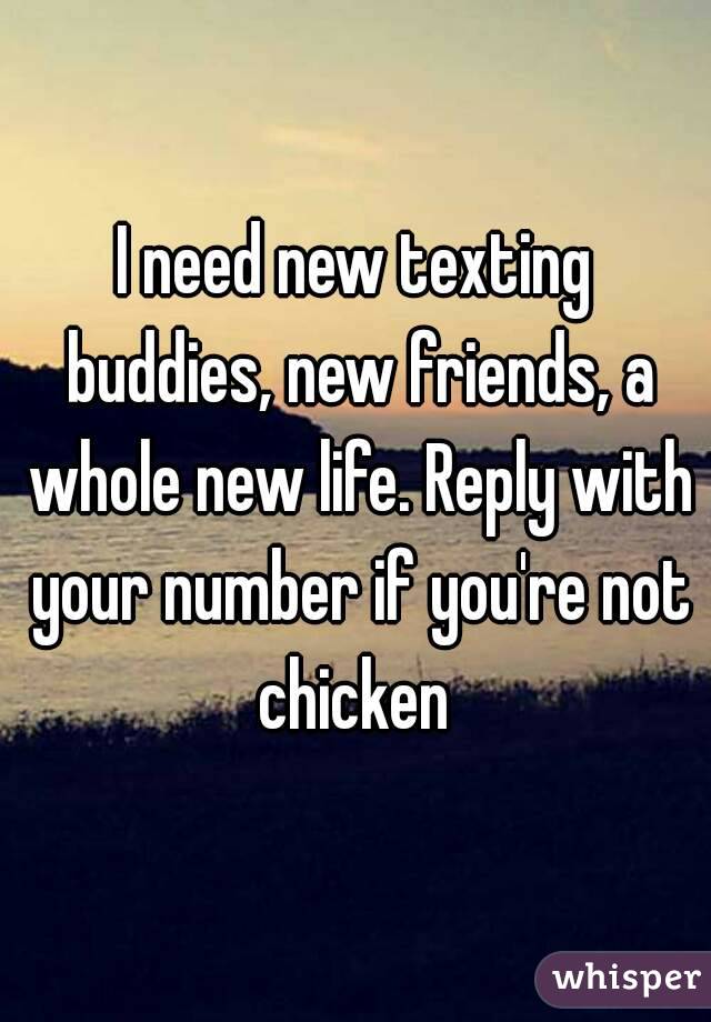 I need new texting buddies, new friends, a whole new life. Reply with your number if you're not chicken 