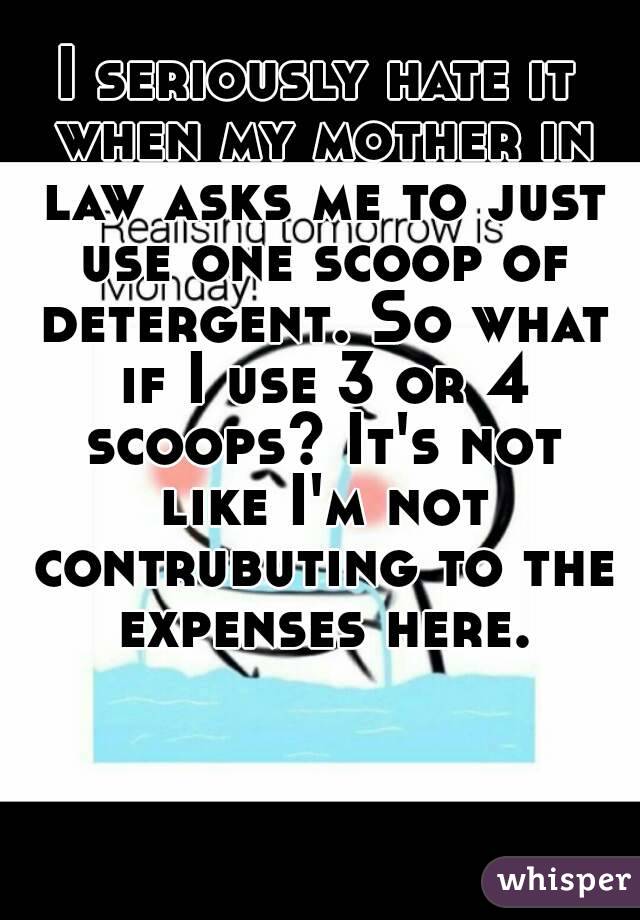 I seriously hate it when my mother in law asks me to just use one scoop of detergent. So what if I use 3 or 4 scoops? It's not like I'm not contrubuting to the expenses here.