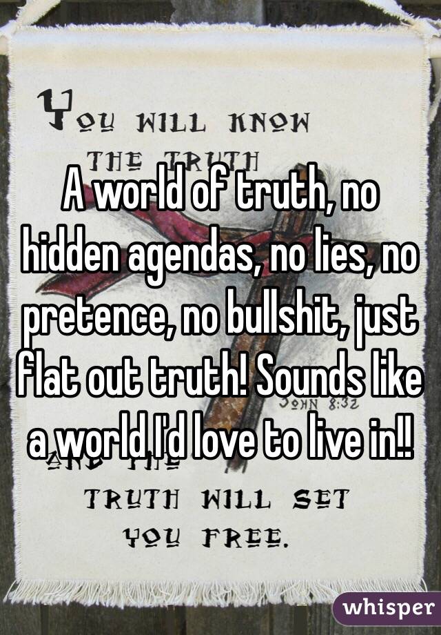 A world of truth, no hidden agendas, no lies, no pretence, no bullshit, just flat out truth! Sounds like a world I'd love to live in!!