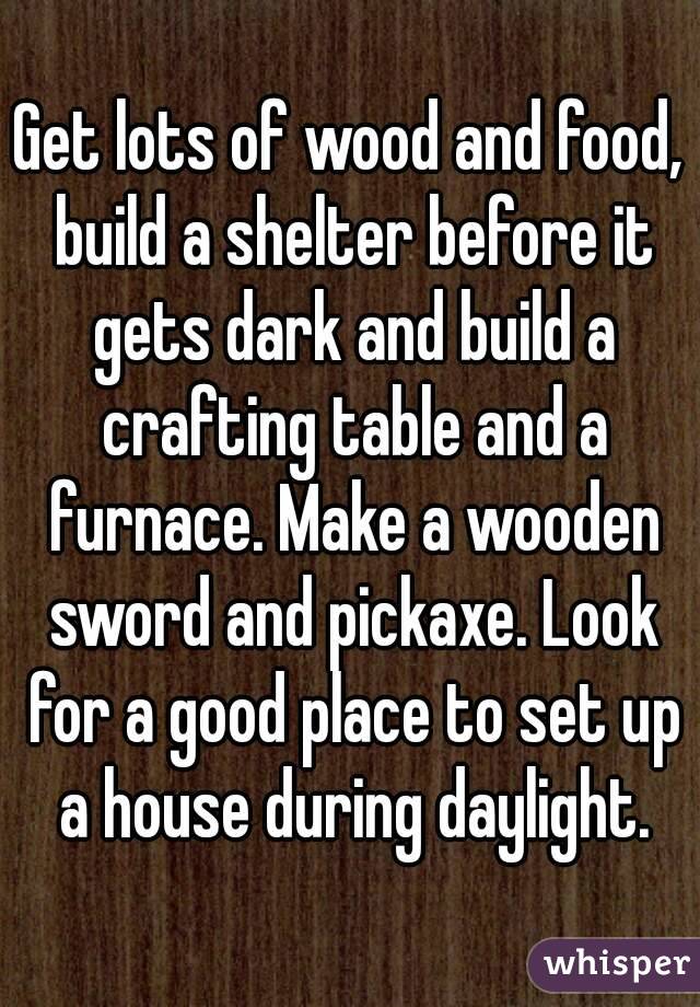 Get lots of wood and food, build a shelter before it gets dark and build a crafting table and a furnace. Make a wooden sword and pickaxe. Look for a good place to set up a house during daylight.