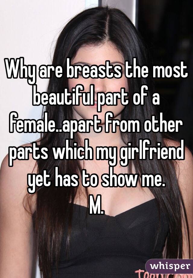 Why are breasts the most beautiful part of a female..apart from other parts which my girlfriend yet has to show me.
M.