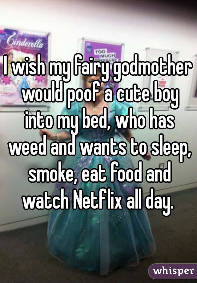 I wish my fairy godmother would poof a cute boy into my bed, who has weed and wants to sleep, smoke, eat food and watch Netflix all day. 