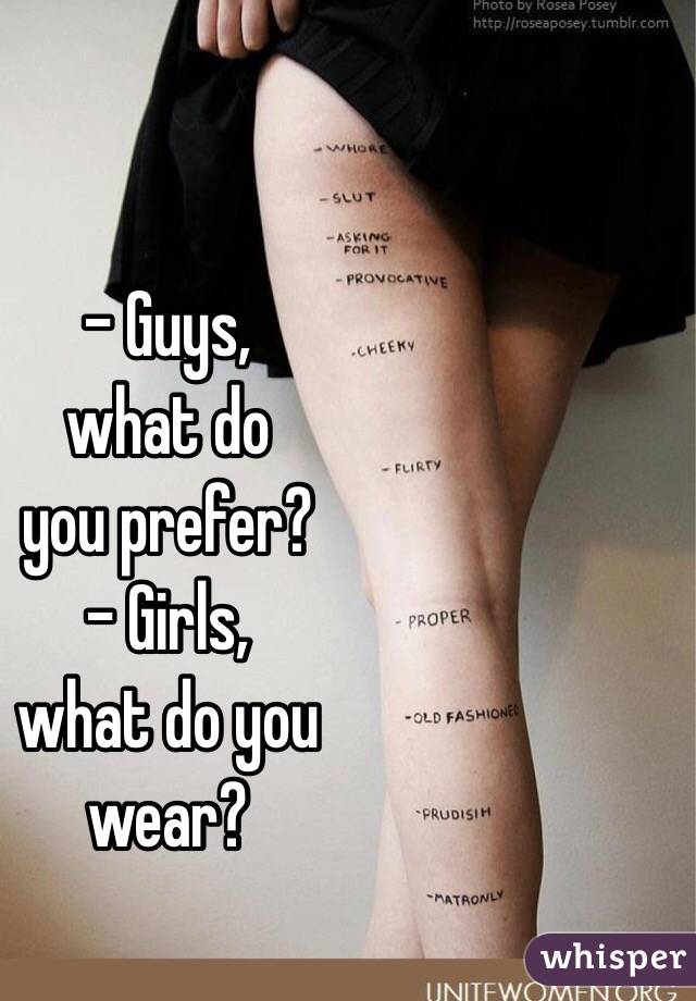 - Guys,
what do 
you prefer? 
- Girls,
what do you 
wear?