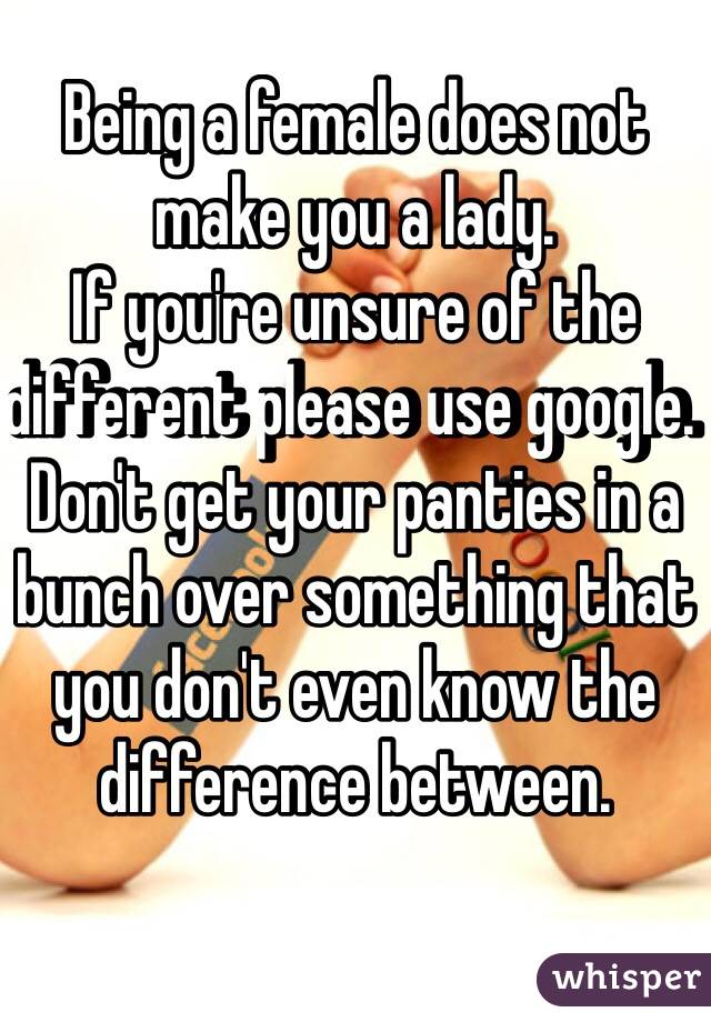 Being a female does not make you a lady. 
If you're unsure of the different please use google. 
Don't get your panties in a bunch over something that you don't even know the difference between. 