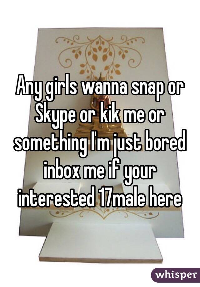 Any girls wanna snap or Skype or kik me or something I'm just bored inbox me if your interested 17male here 