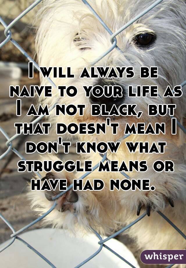 I will always be naive to your life as I am not black, but that doesn't mean I don't know what struggle means or have had none. 
